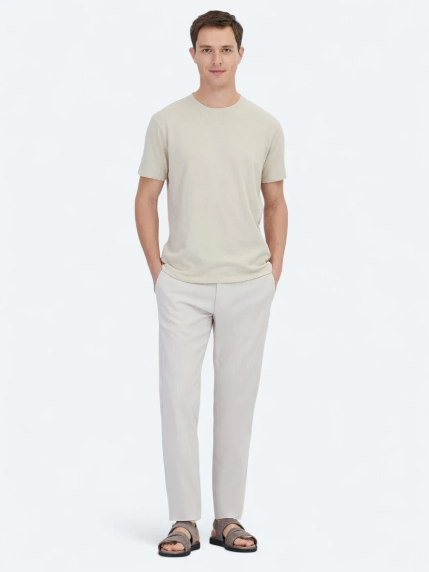 Beige Plain Crew Neck Cotton Blended T-Shirt - 2