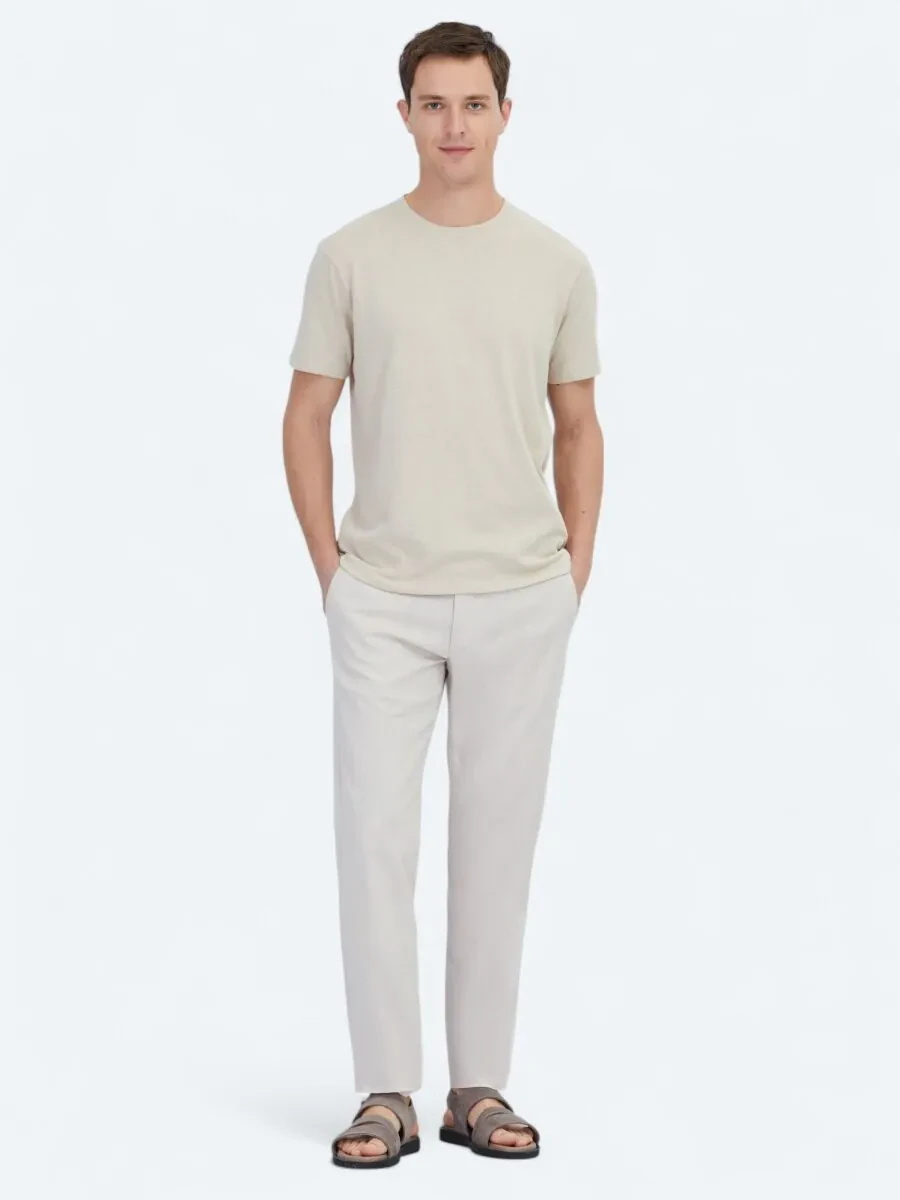 Beige Plain Crew Neck Cotton Blended T-Shirt - 2