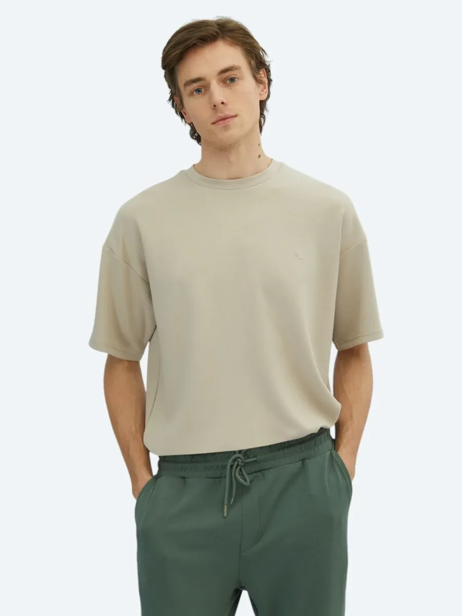 Beige Plain Crew Neck T-Shirt - 1