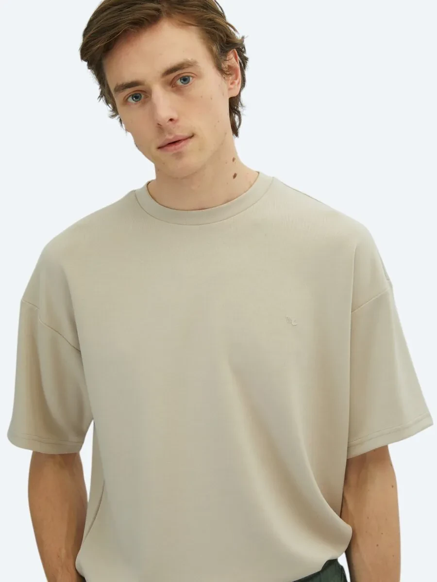 Beige Plain Crew Neck T-Shirt - 4