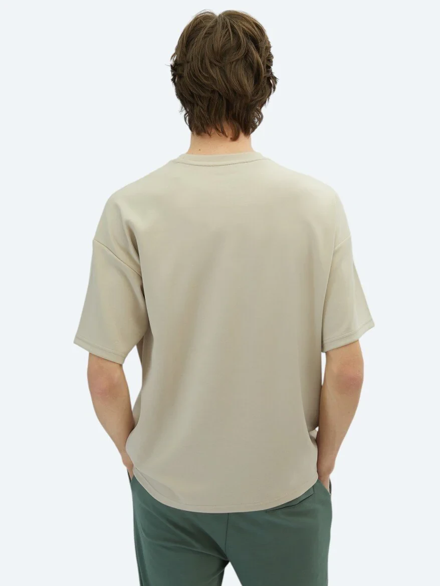 Beige Plain Crew Neck T-Shirt - 5