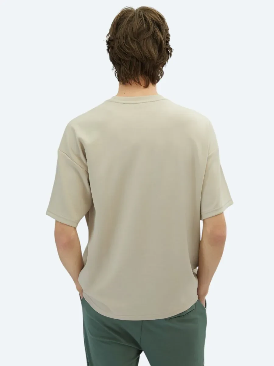 Beige Plain Crew Neck T-Shirt - 5