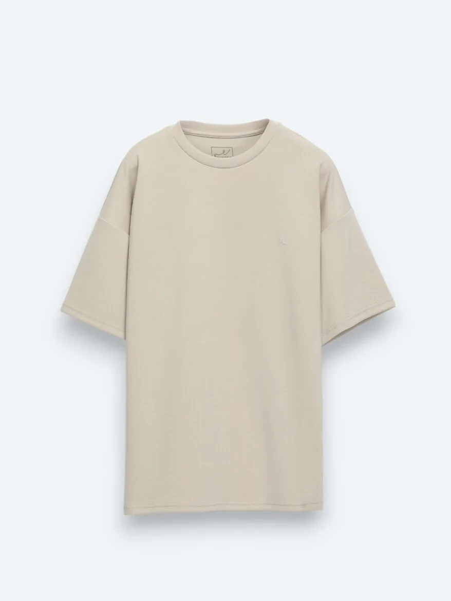 Beige Plain Crew Neck T-Shirt - 6