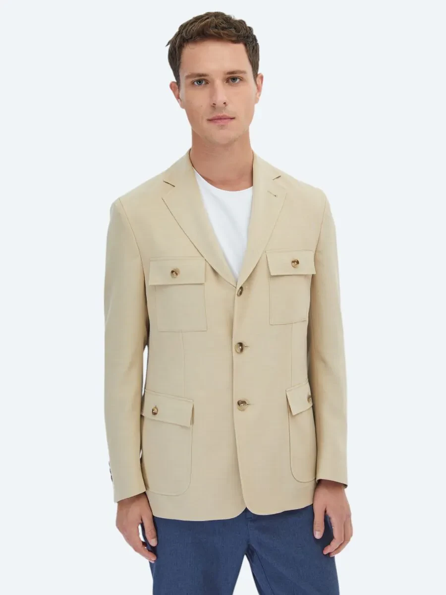 Beige Plain Modern Fit Jacket - 1