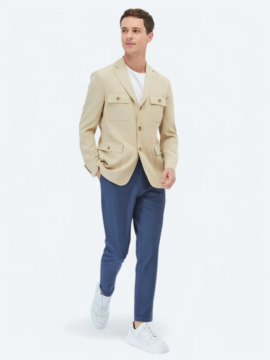 Beige Plain Modern Fit Jacket - 2