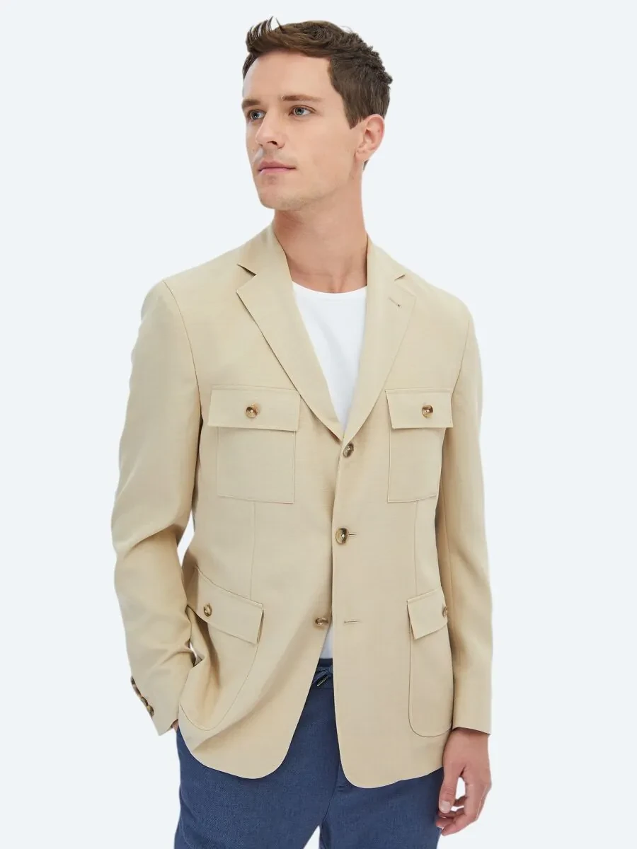 Beige Plain Modern Fit Jacket - 3