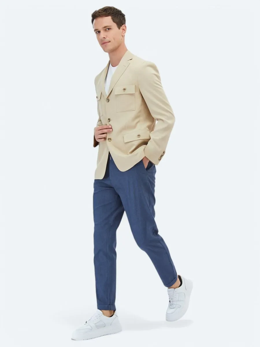 Beige Plain Modern Fit Jacket - 4