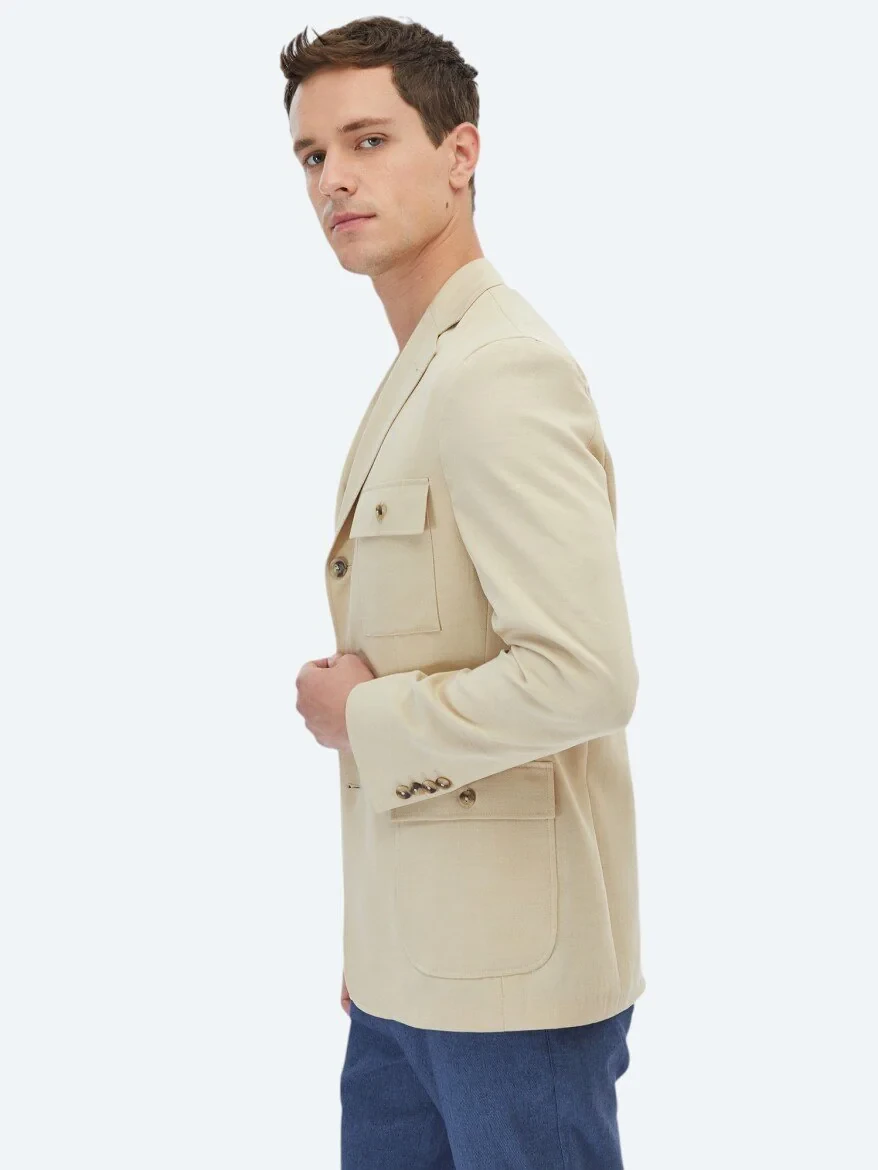 Beige Plain Modern Fit Jacket - 5