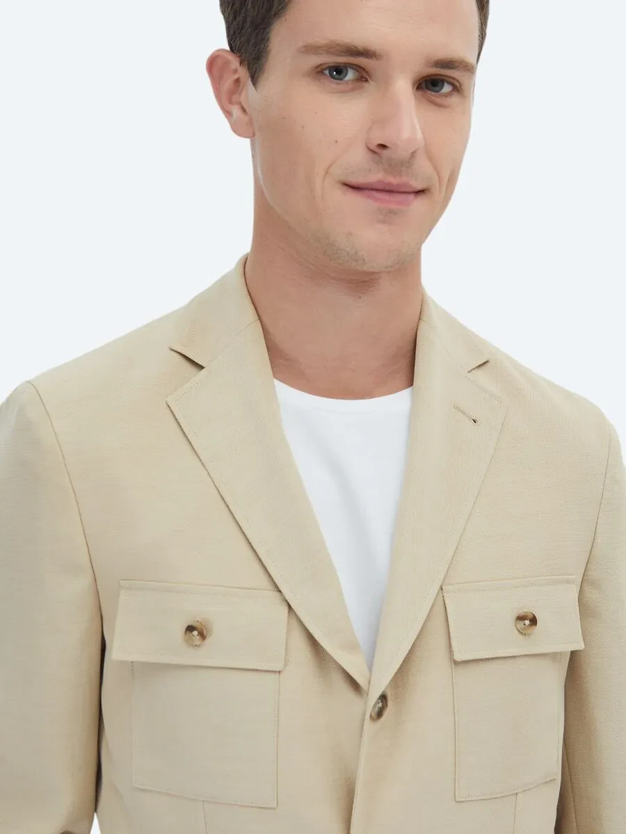 Beige Plain Modern Fit Jacket - 7