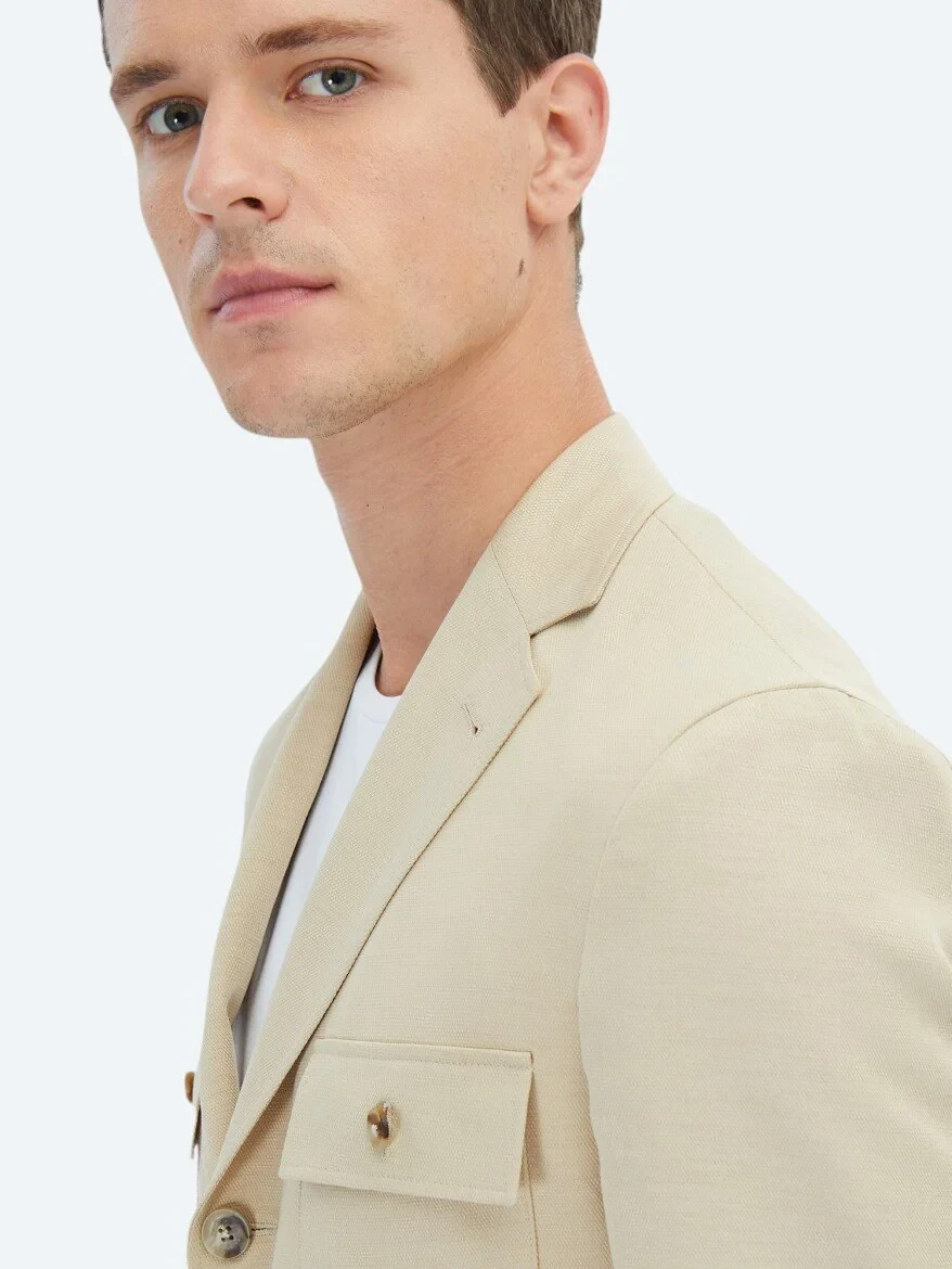 Beige Plain Modern Fit Jacket - 8