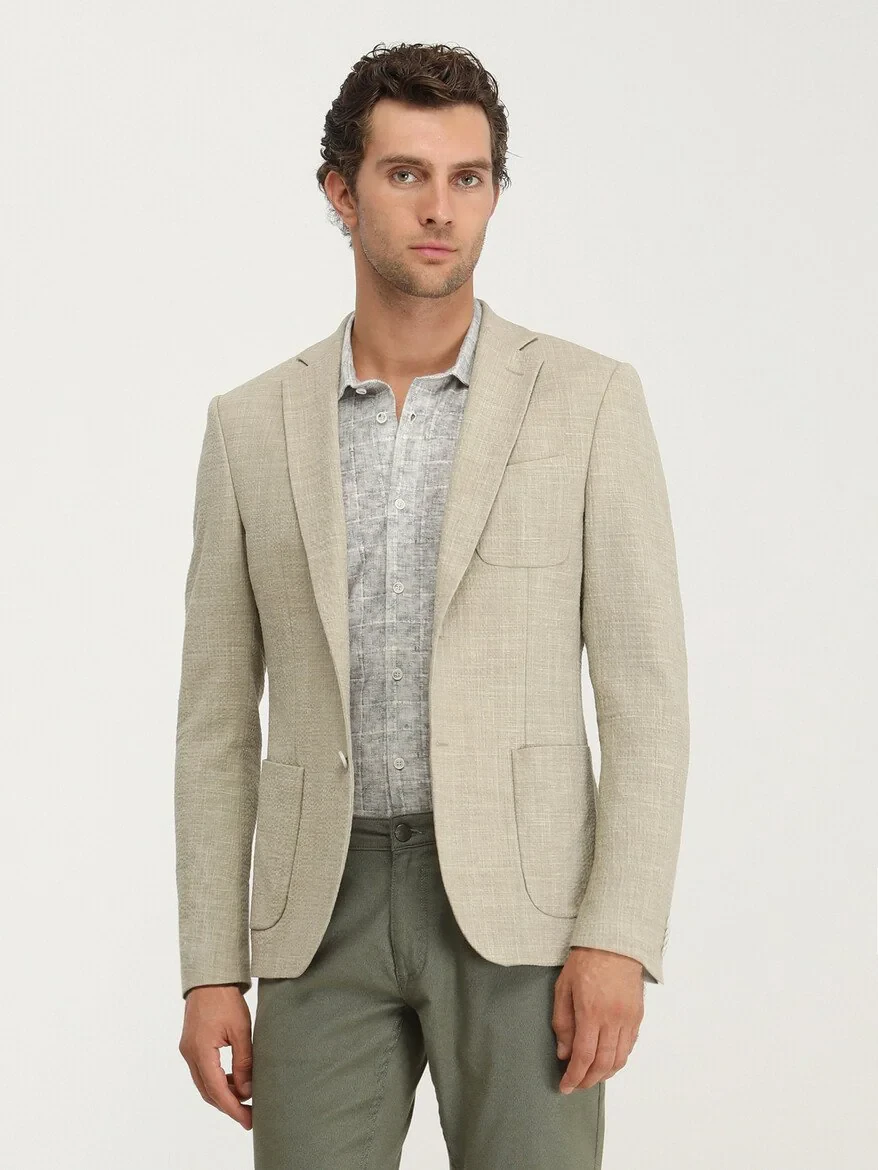 Beige Plain Modern Fit Suit - 4