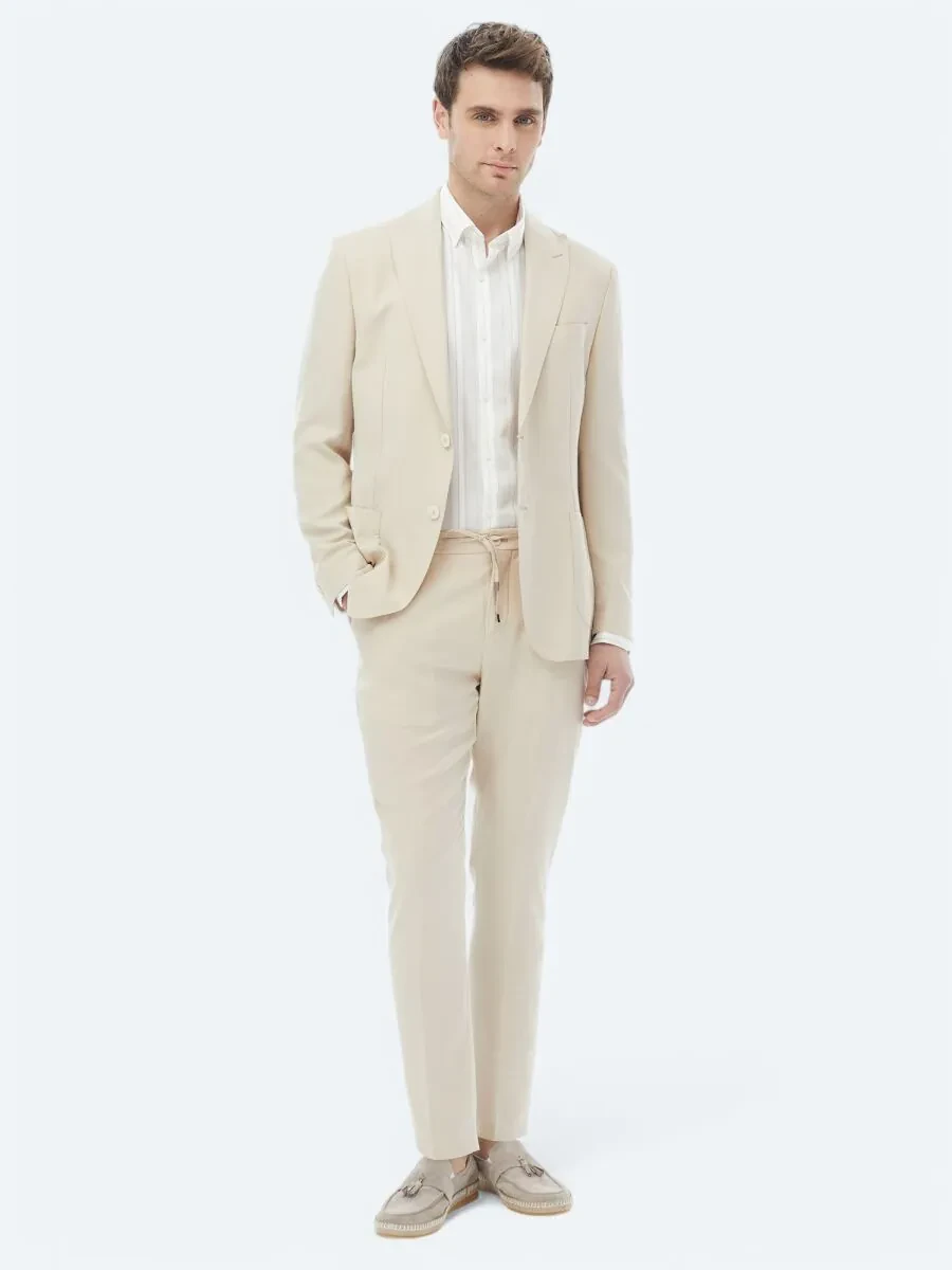 Beige Plain Modern Fit Suit - 1