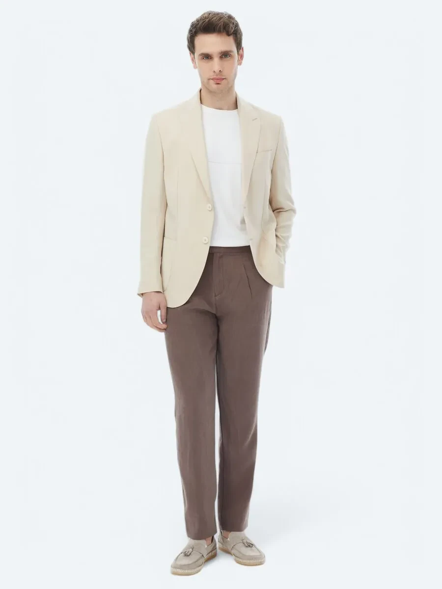 Beige Plain Modern Fit Suit - 2