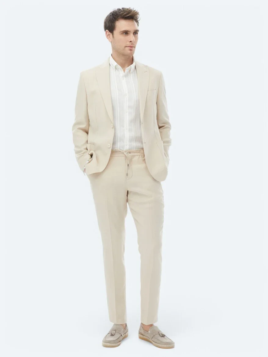 Beige Plain Modern Fit Suit - 3