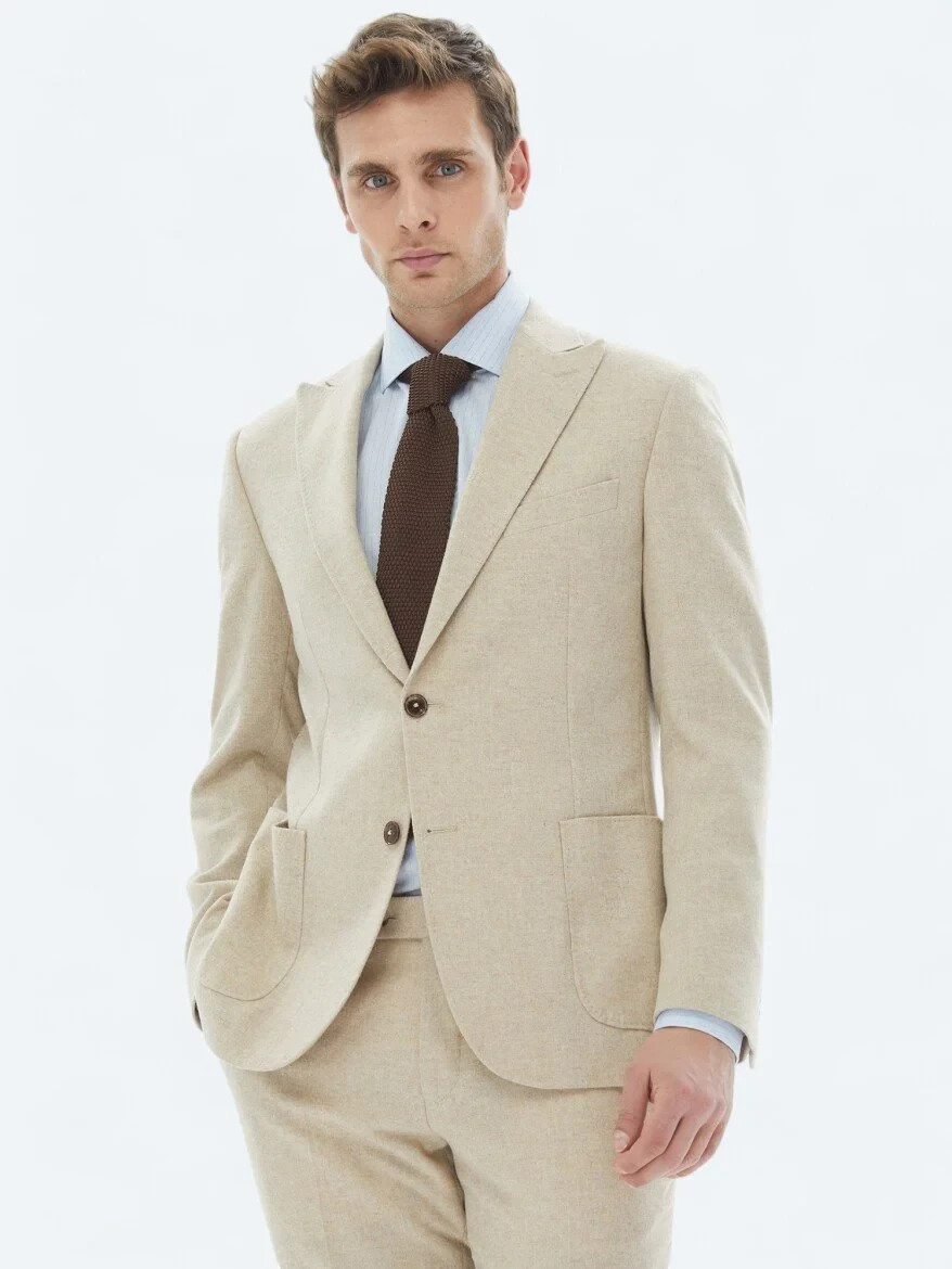 Beige Plain Modern Fit Wool Blended Suit - 1