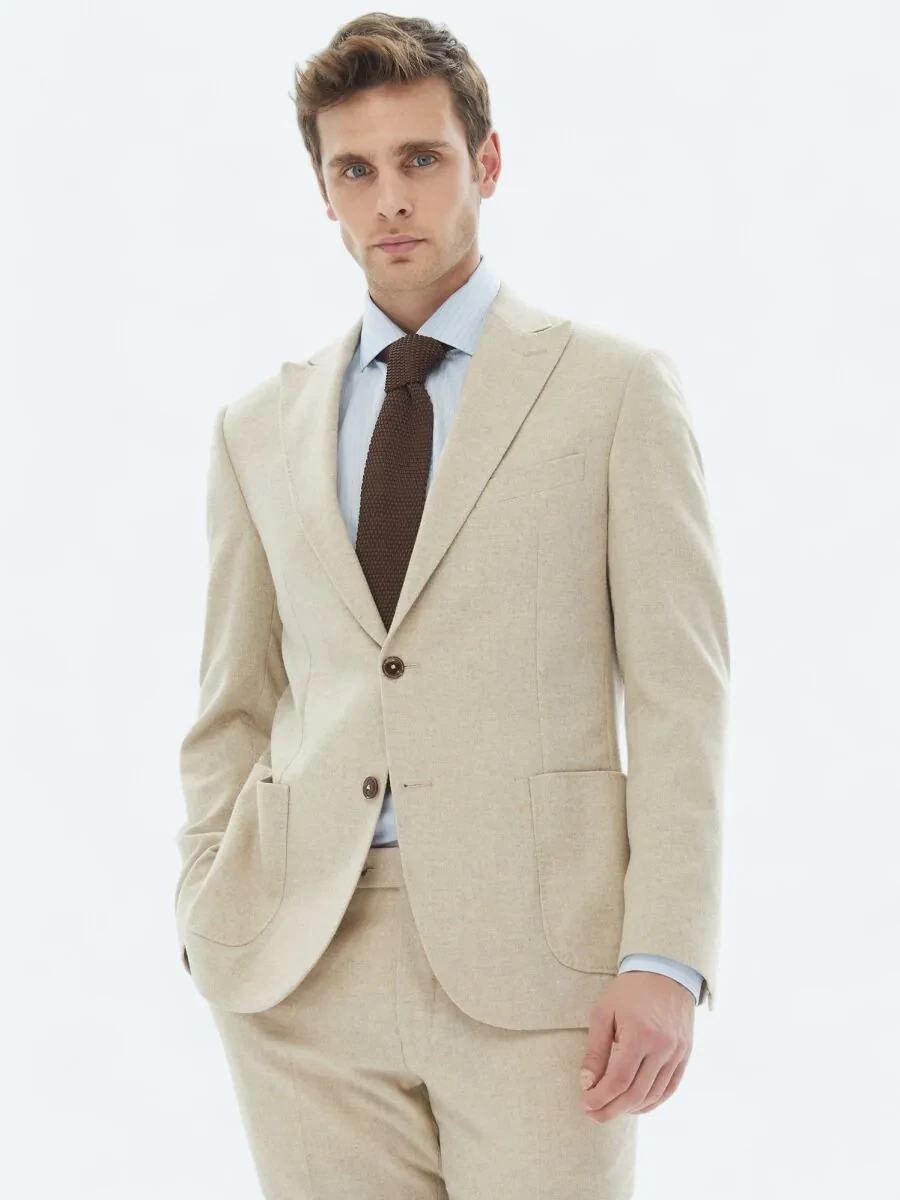 Beige Plain Modern Fit Wool Blended Suit - 1