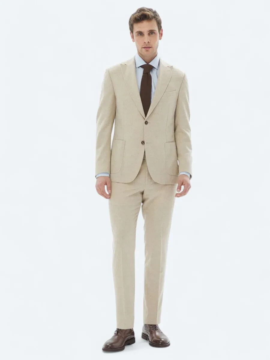 Beige Plain Modern Fit Wool Blended Suit - 2
