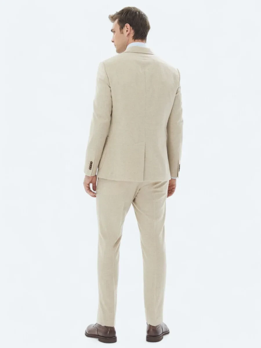 Beige Plain Modern Fit Wool Blended Suit - 7