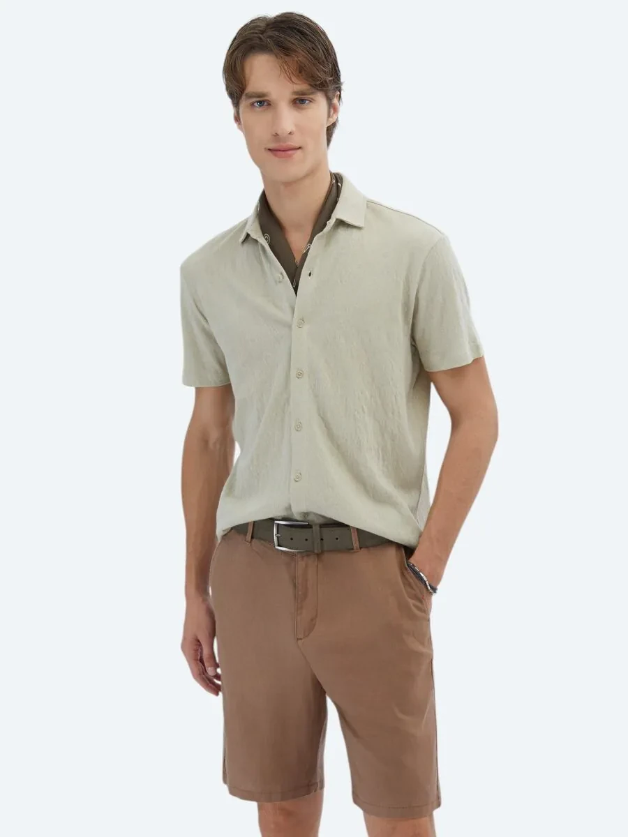 Beige Plain Regular Fit Knitting Casual Cotton Blended Shirt - 1