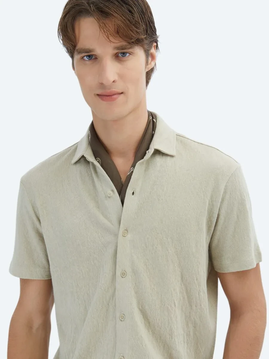 Beige Plain Regular Fit Knitting Casual Cotton Blended Shirt - 3