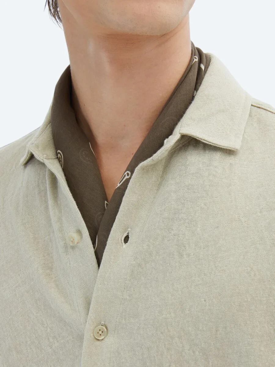 Beige Plain Regular Fit Knitting Casual Cotton Blended Shirt - 5
