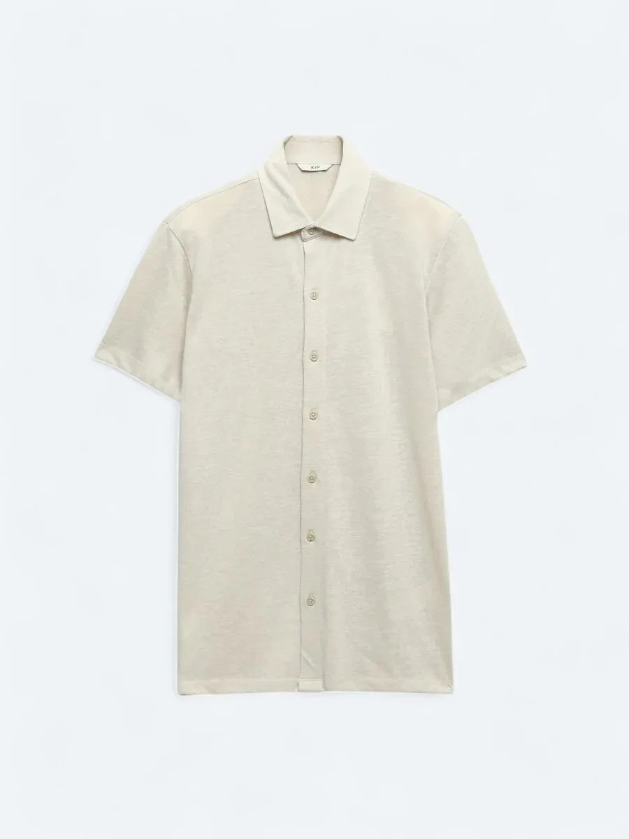 Beige Plain Regular Fit Knitting Casual Cotton Blended Shirt - 8