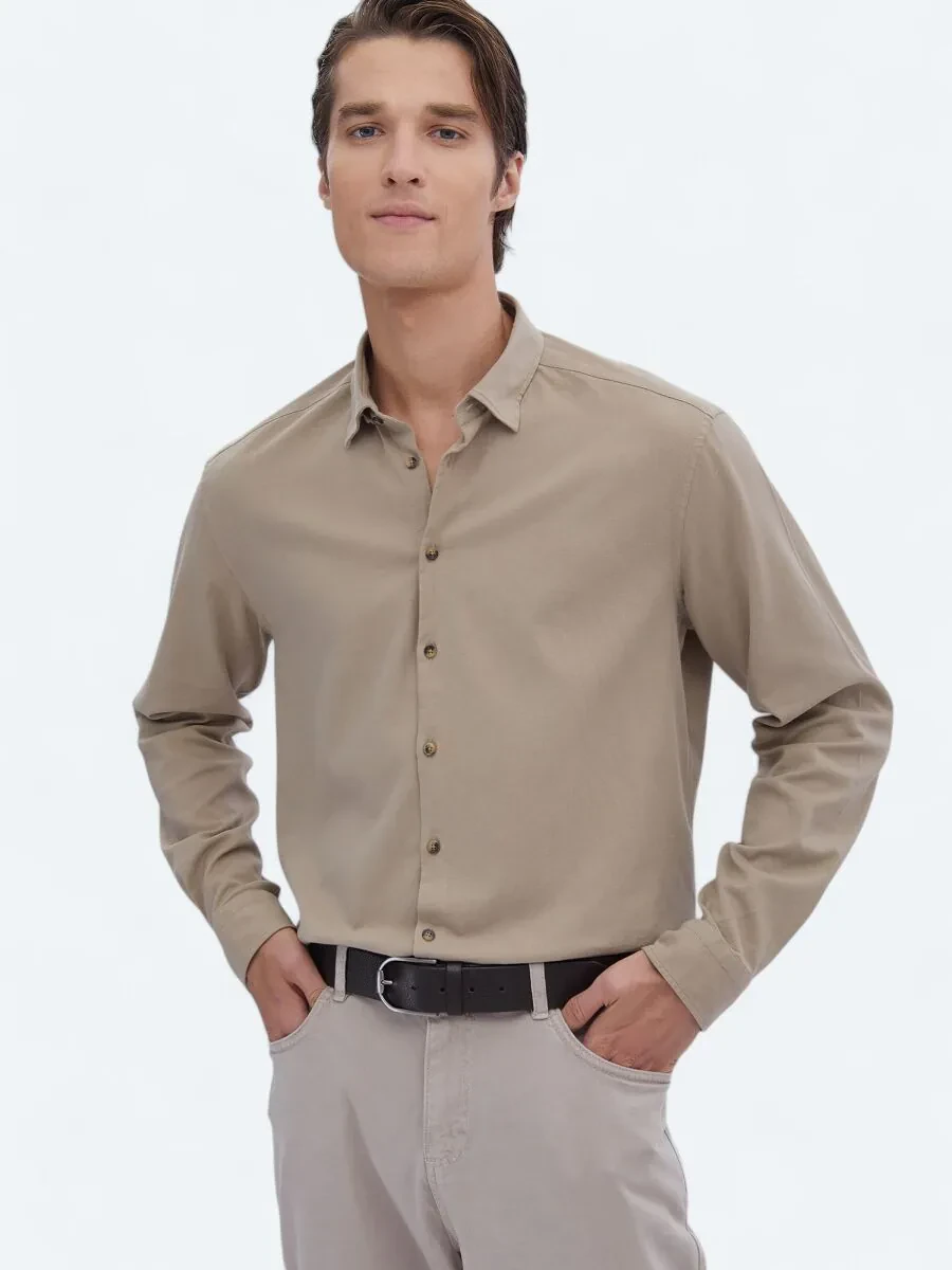 Beige Plain Regular Fit Weaving Casual Cotton Blended Shirt - 1