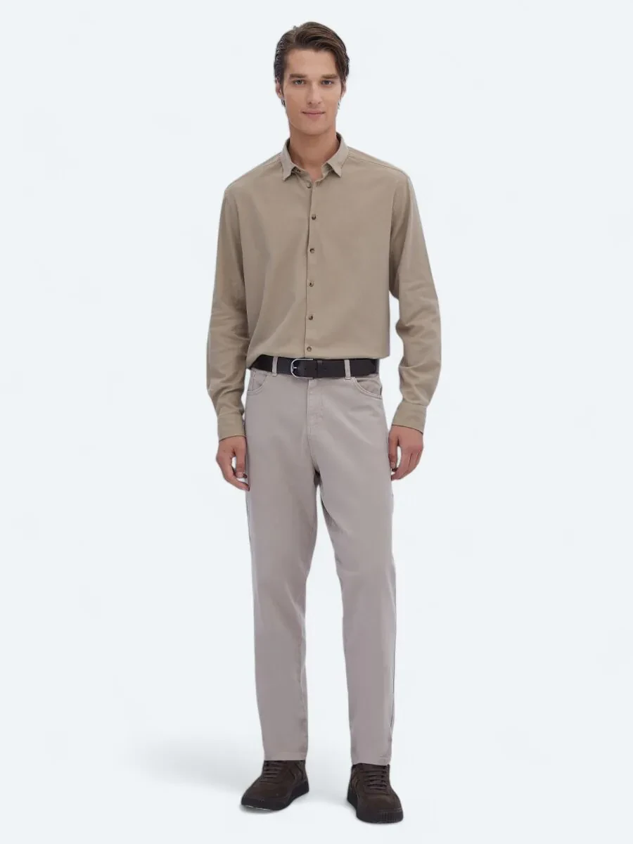 Beige Plain Regular Fit Weaving Casual Cotton Blended Shirt - 2