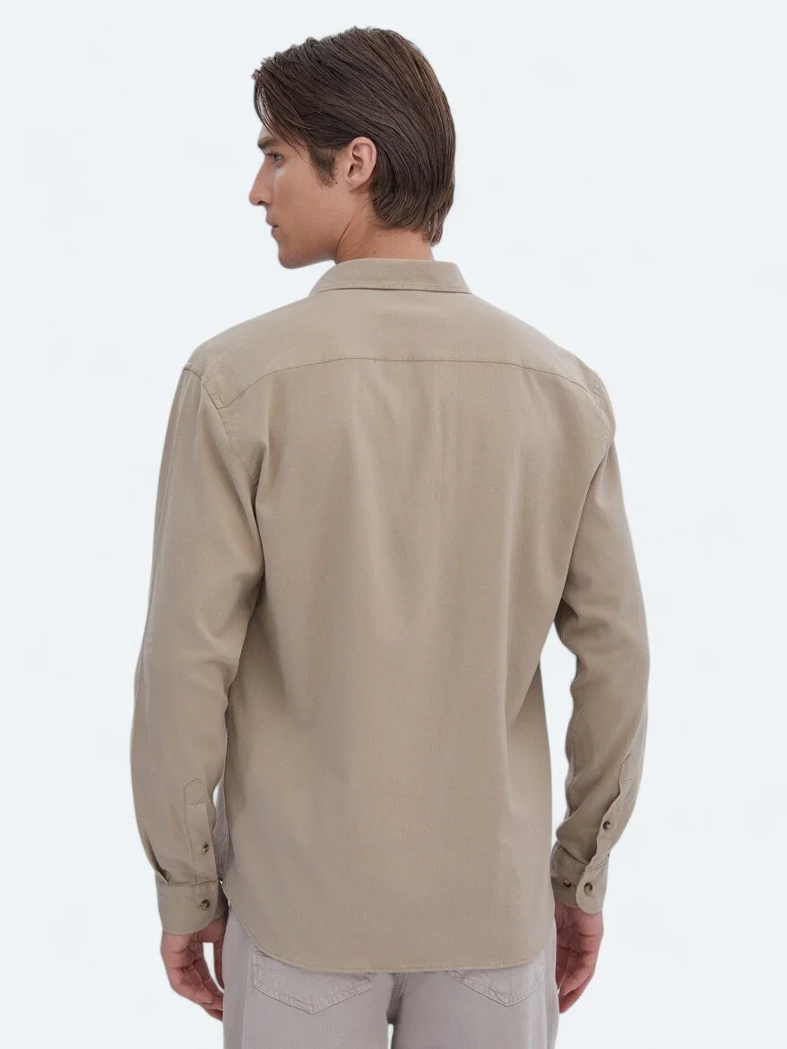 Beige Plain Regular Fit Weaving Casual Cotton Blended Shirt - 5