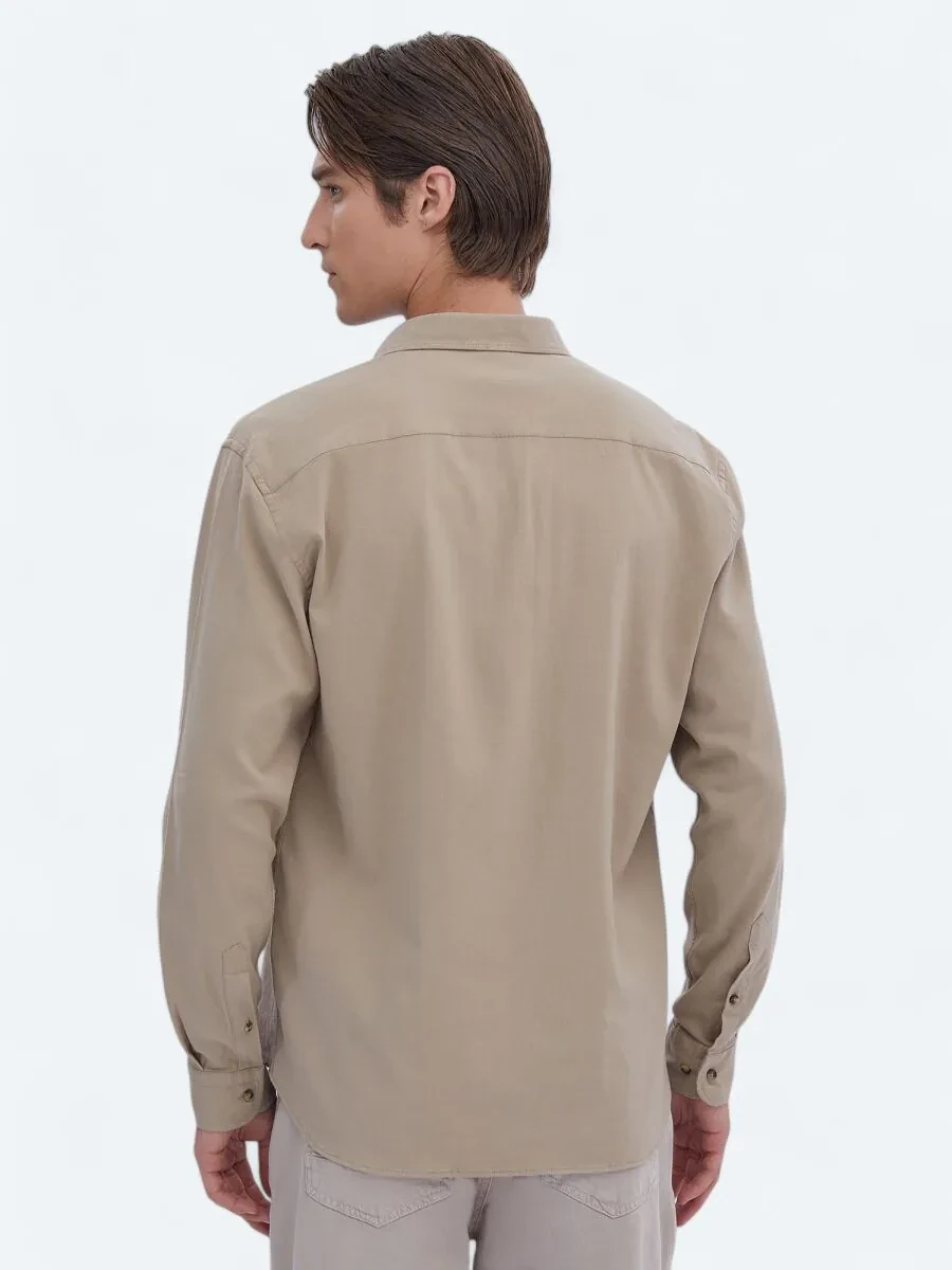 Beige Plain Regular Fit Weaving Casual Cotton Blended Shirt - 5