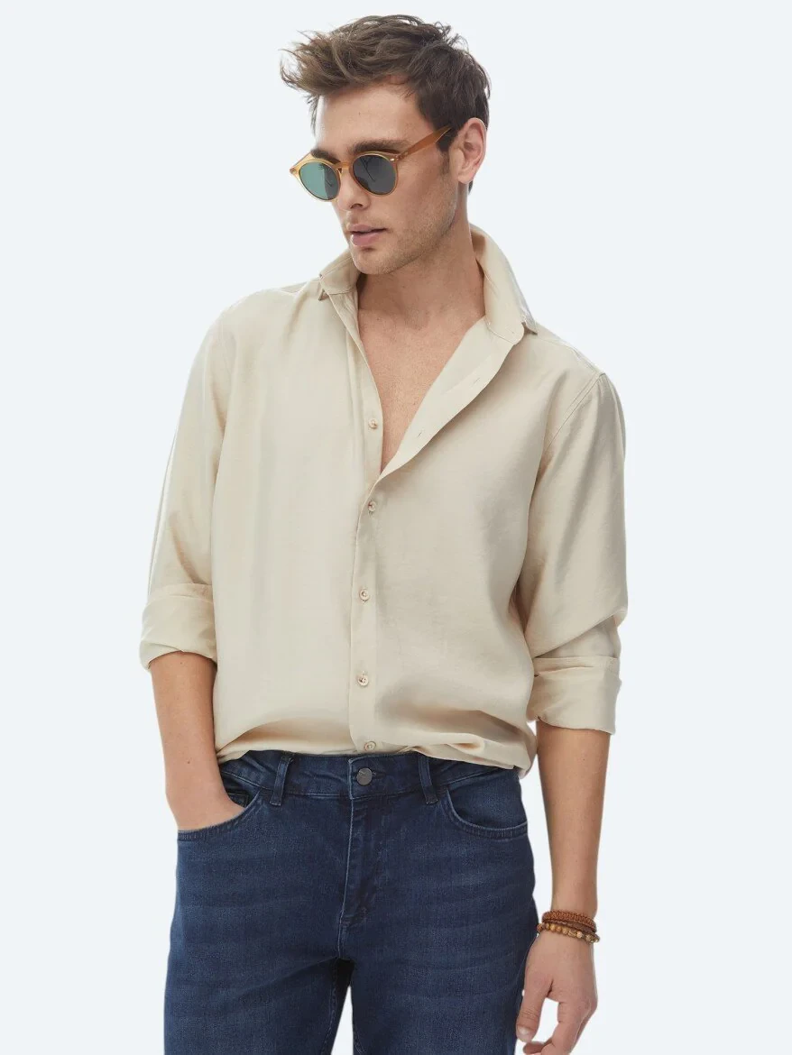 Beige Plain Regular Fit Weaving Casual Shirt - 1