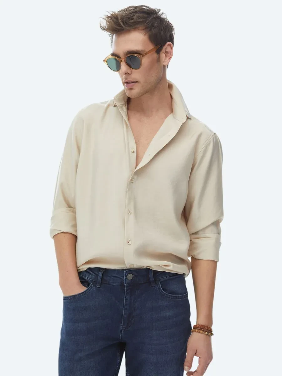 Beige Plain Regular Fit Weaving Casual Shirt - 1