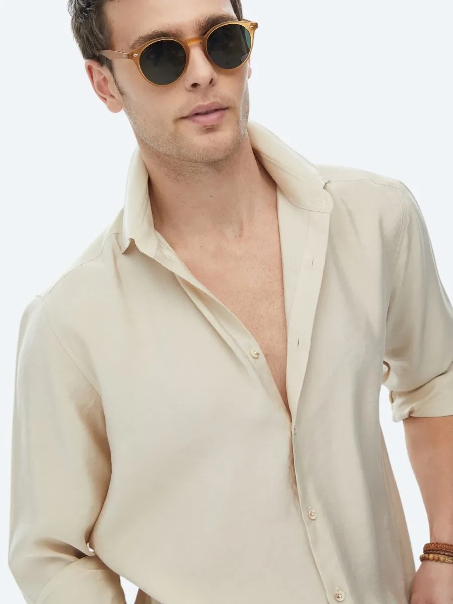 Beige Plain Regular Fit Weaving Casual Shirt - 2