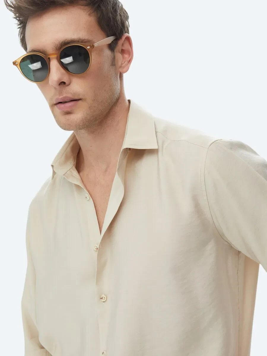 Beige Plain Regular Fit Weaving Casual Shirt - 4