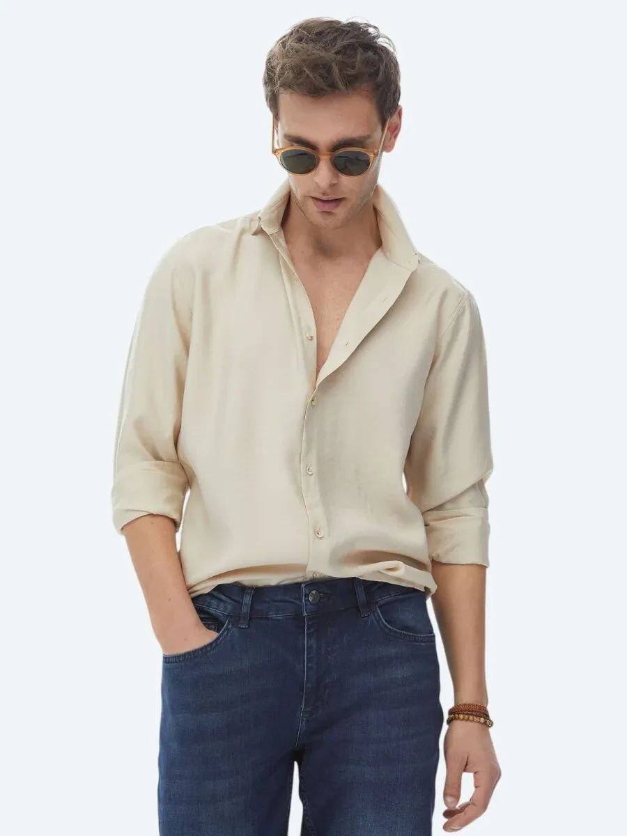 Beige Plain Regular Fit Weaving Casual Shirt - 6