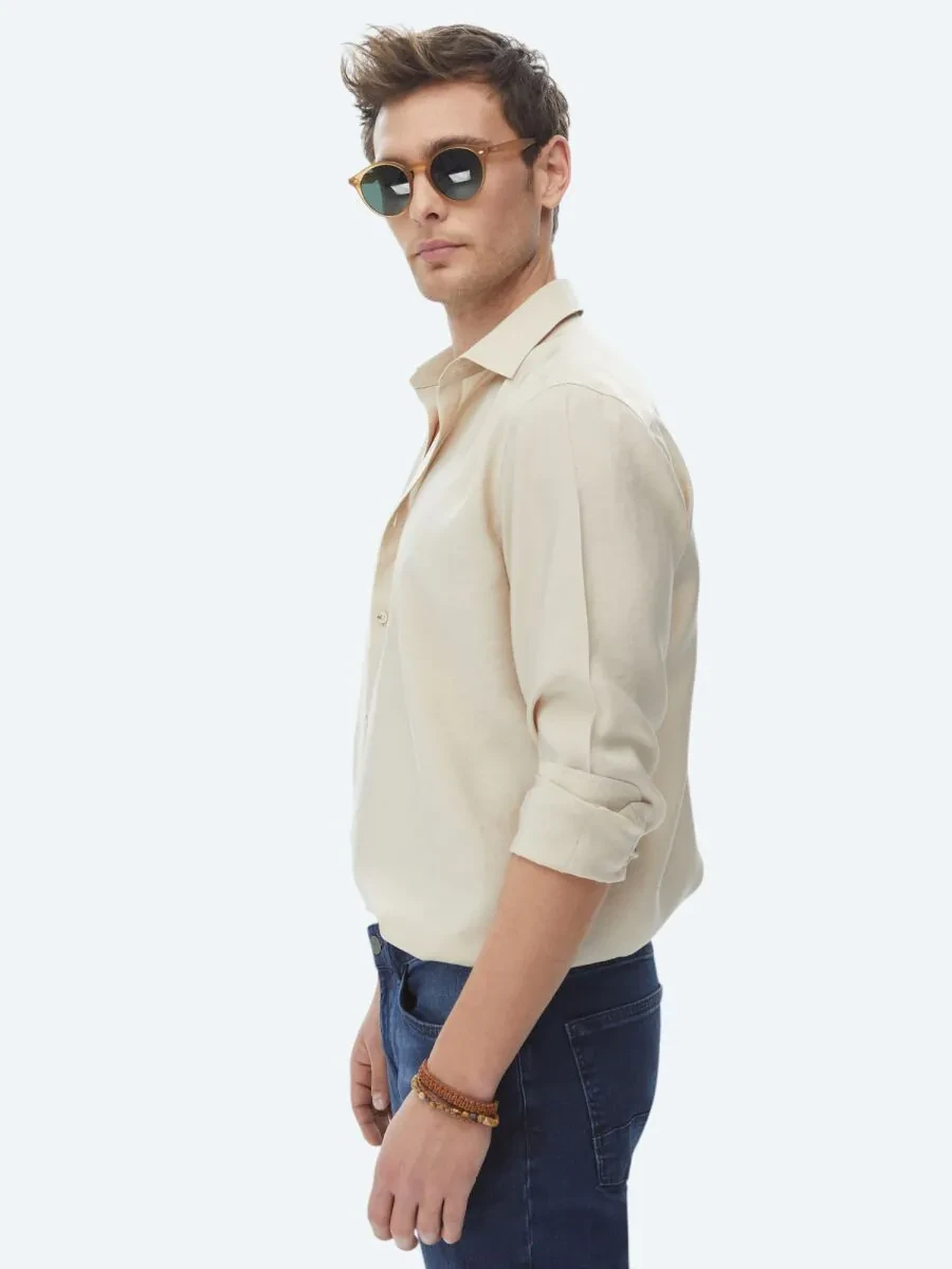 Beige Plain Regular Fit Weaving Casual Shirt - 8