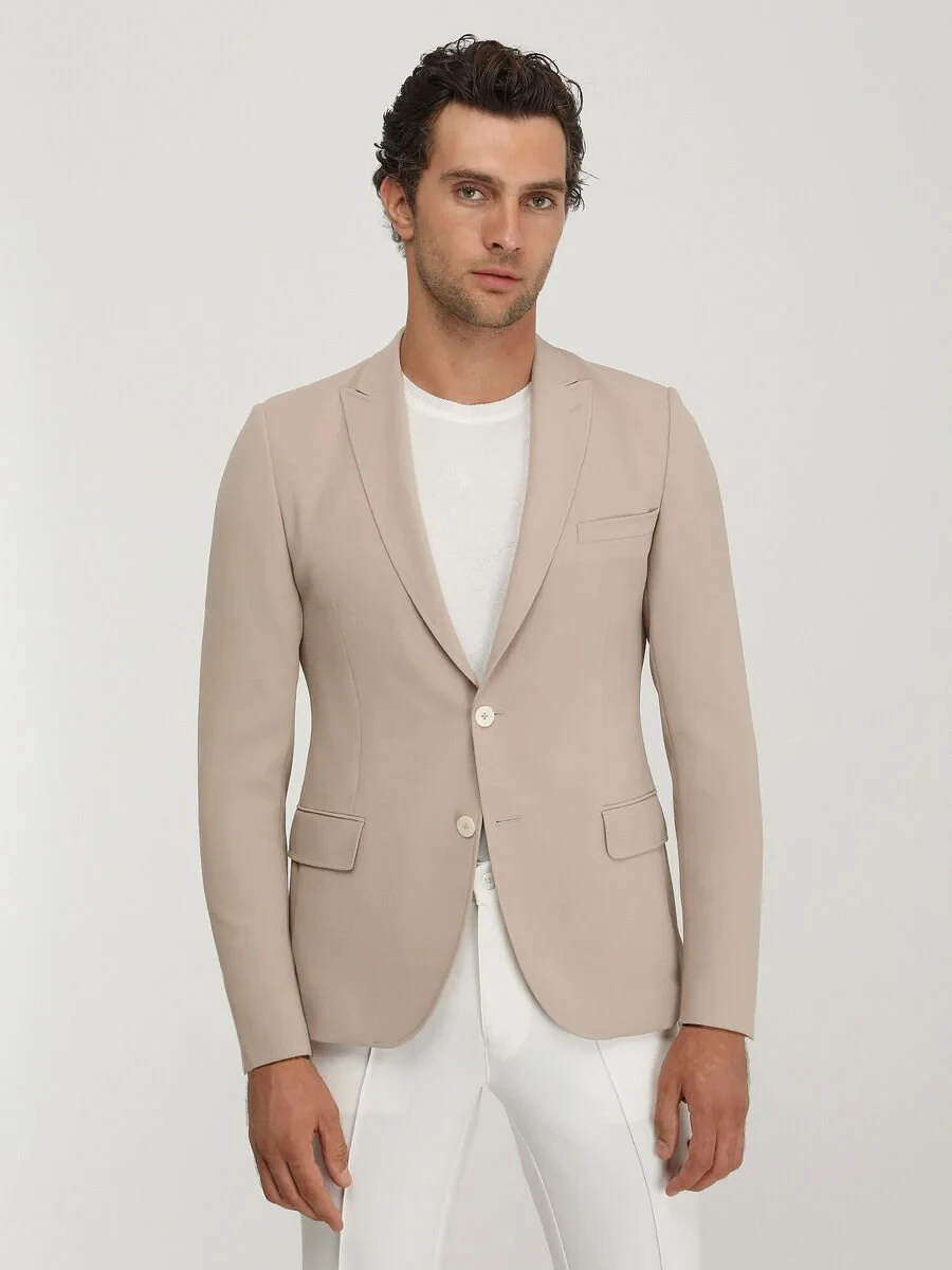 Beige Plain Slim Fit Jacket - 2