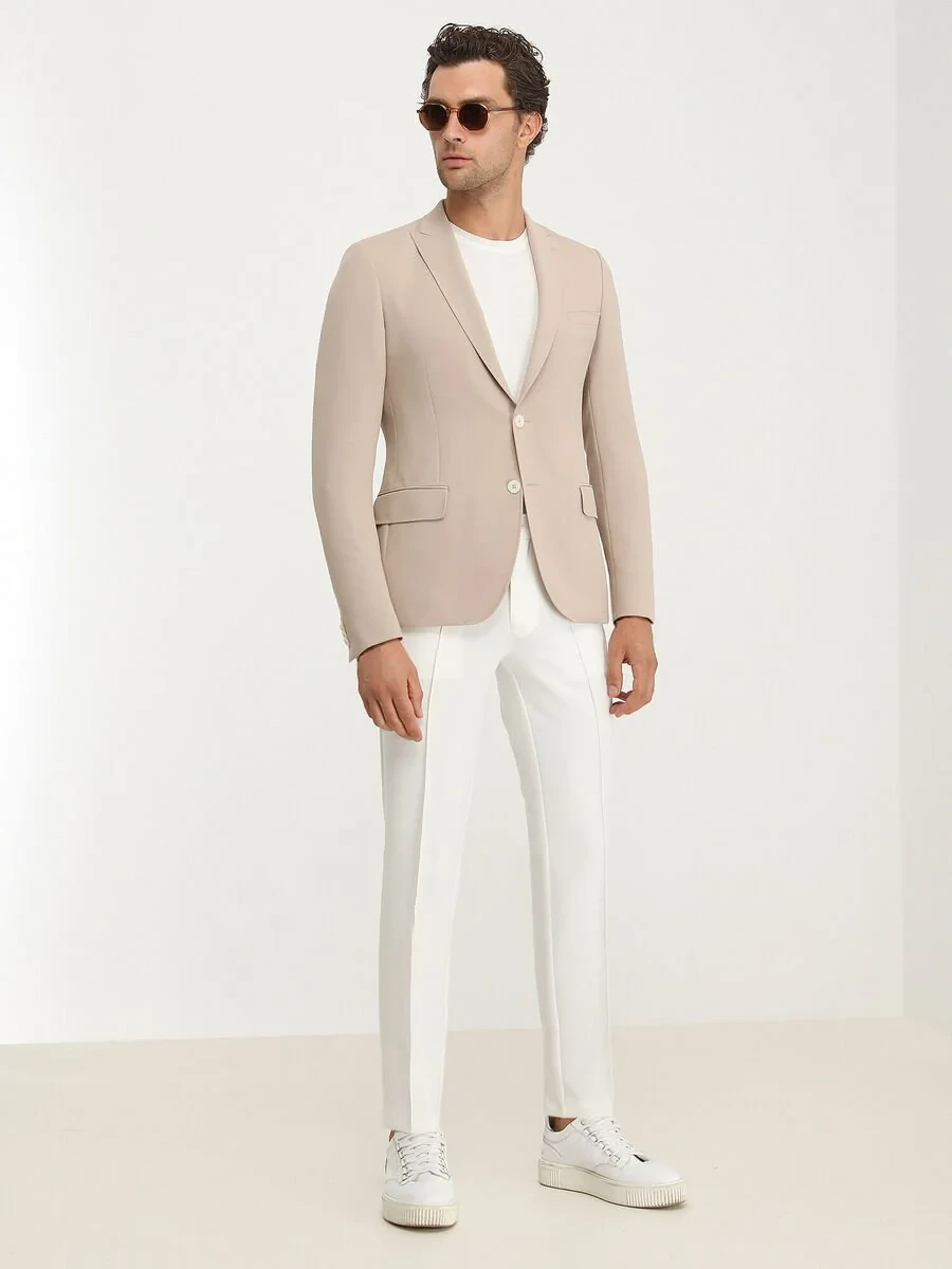 Beige Plain Slim Fit Jacket - 3