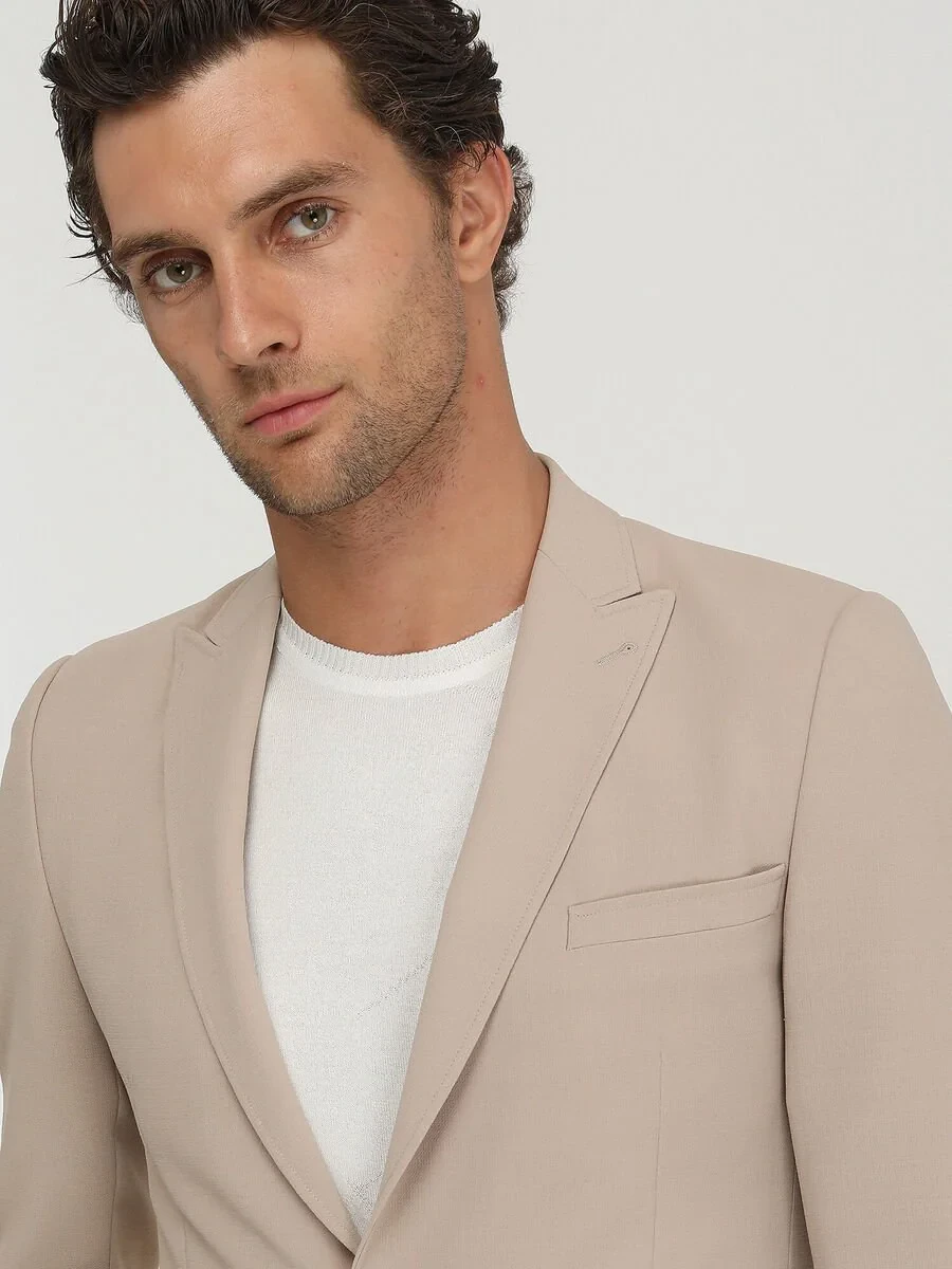 Beige Plain Slim Fit Jacket - 4