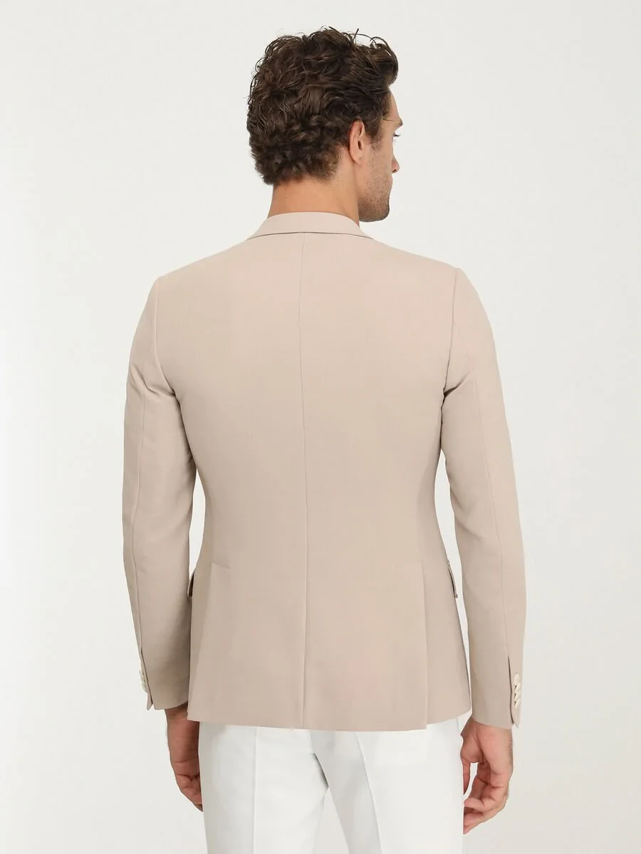 Beige Plain Slim Fit Jacket - 7