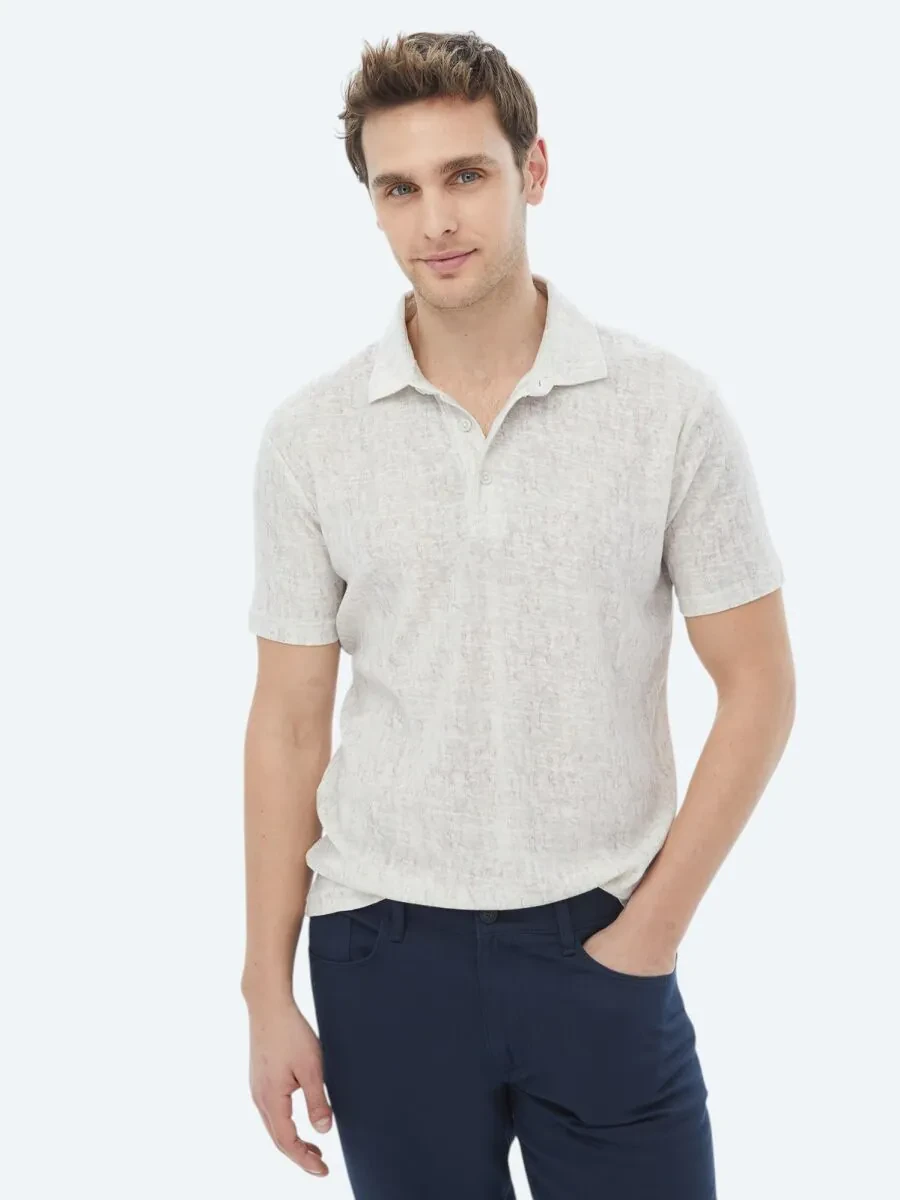 Beige Printed Polo Neck Cotton Blended T-Shirt - 1