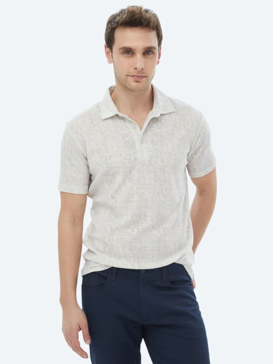 Beige Printed Polo Neck Cotton Blended T-Shirt - 2