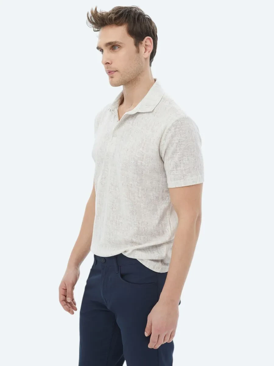 Beige Printed Polo Neck Cotton Blended T-Shirt - 3