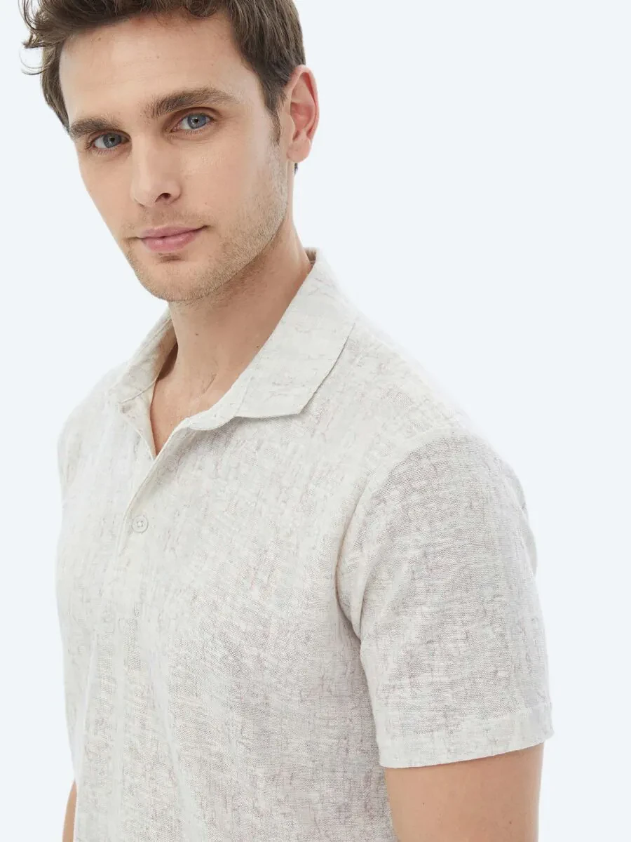 Beige Printed Polo Neck Cotton Blended T-Shirt - 5
