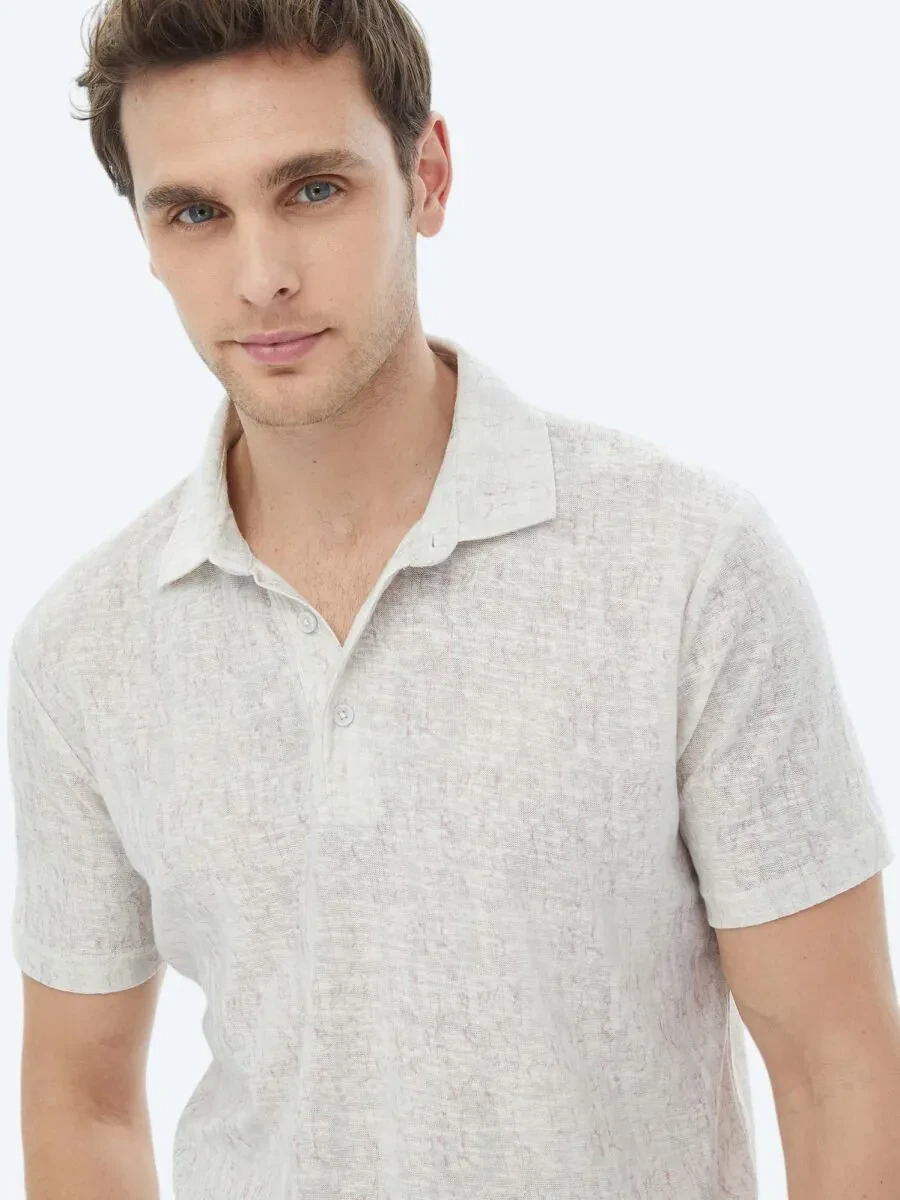 Beige Printed Polo Neck Cotton Blended T-Shirt - 6
