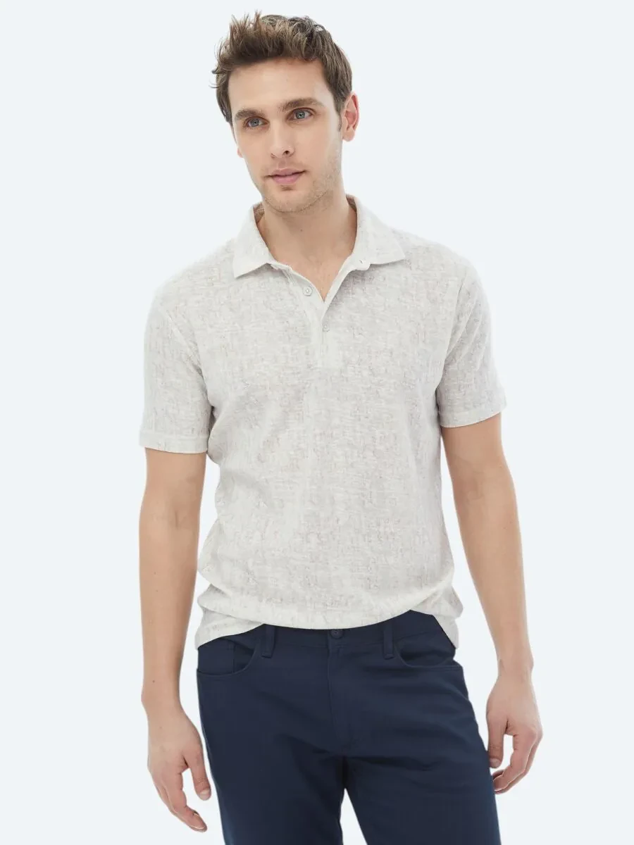 Beige Printed Polo Neck Cotton Blended T-Shirt - 8