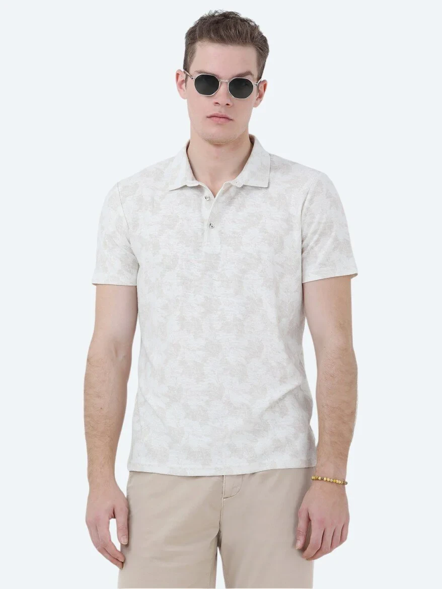Beige Printed Polo Neck Cotton Blended T-Shirt - 1