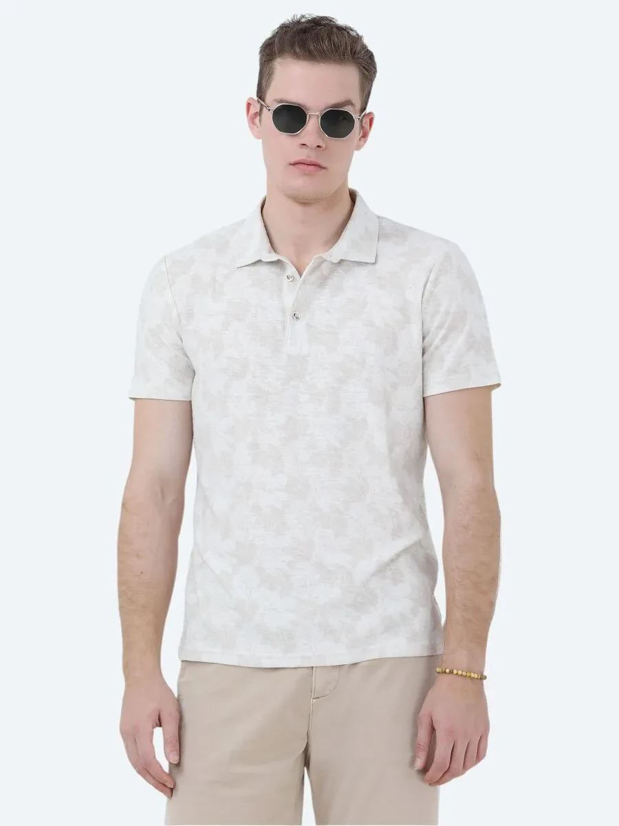 Beige Printed Polo Neck Cotton Blended T-Shirt - 1