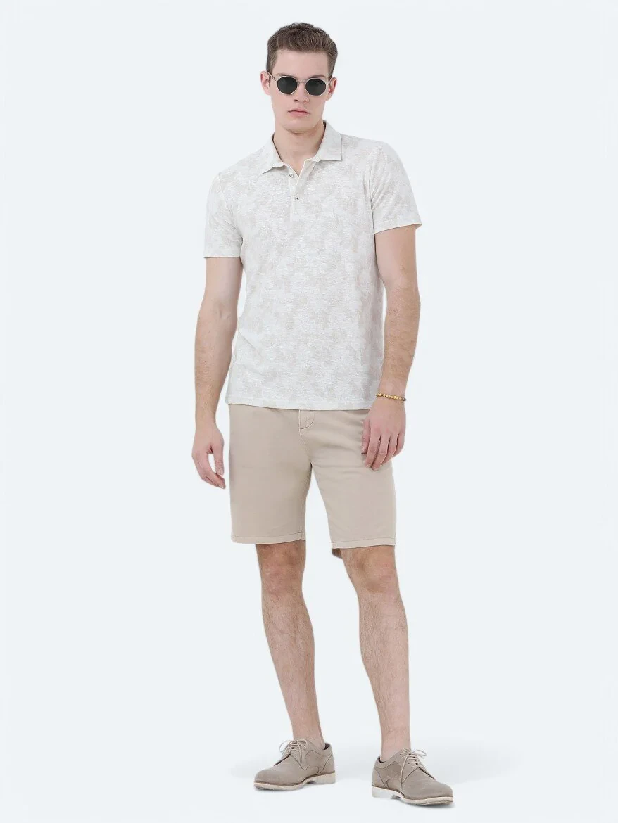 Beige Printed Polo Neck Cotton Blended T-Shirt - 2