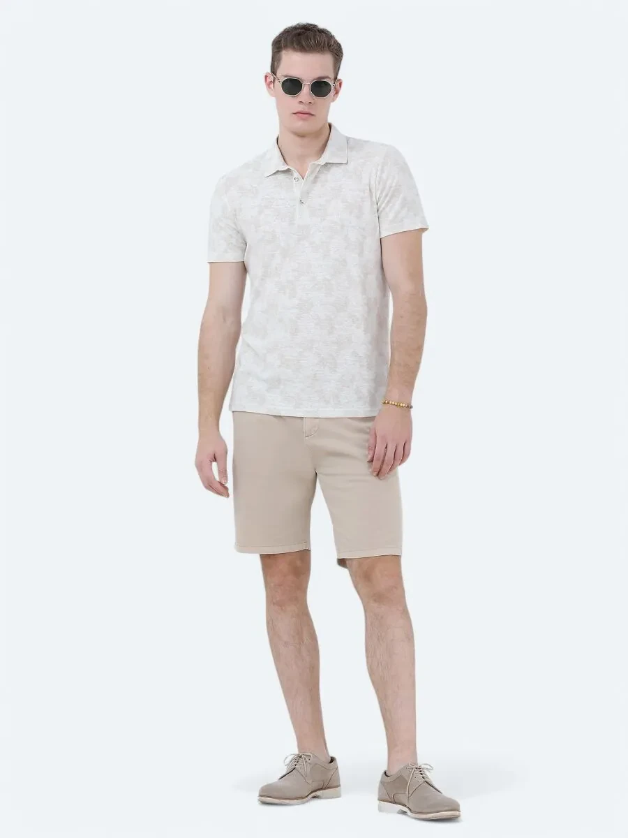 Beige Printed Polo Neck Cotton Blended T-Shirt - 2